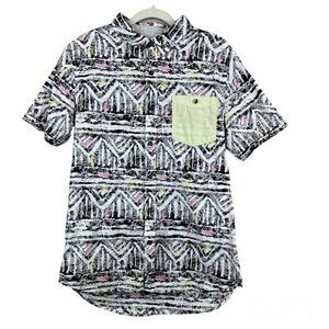 Modern Amusement casual Button Down Pocket Short Sleeve geometric print Shirt -S